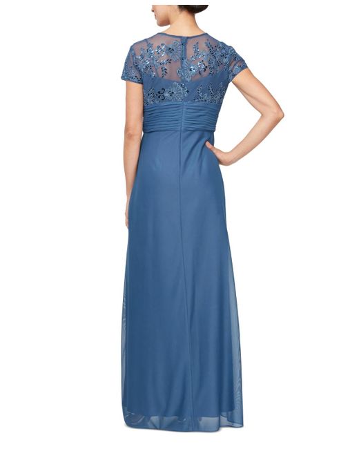 Alex Evenings Blue Embellished Short-sleeve Gown