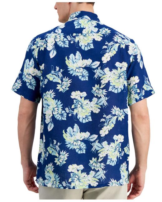 Club Room Blue Noche Floral-print Short-sleeve Linen Shirt for men