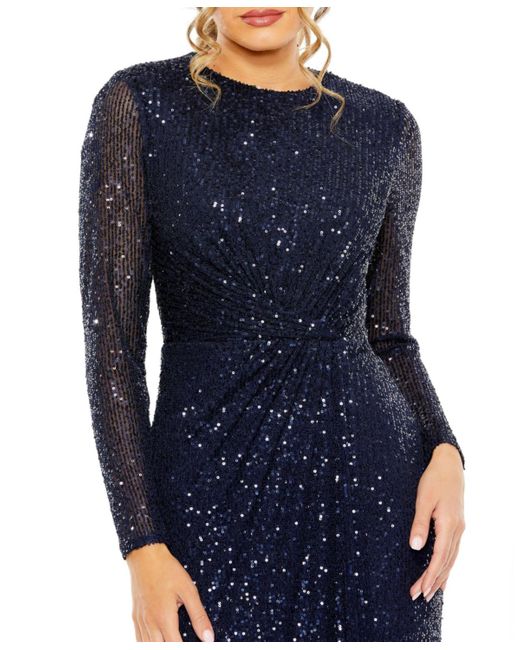 Mac Duggal Blue Sequined Long Sleeve Side Knot Gown