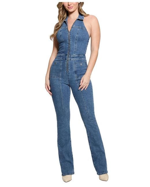 Guess Blue Mia Denim Halter Jumpsuit