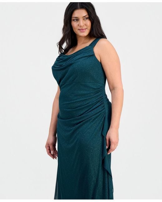 Alex Evenings Blue Plus Size Cowlneck Ruched Glitter Gown