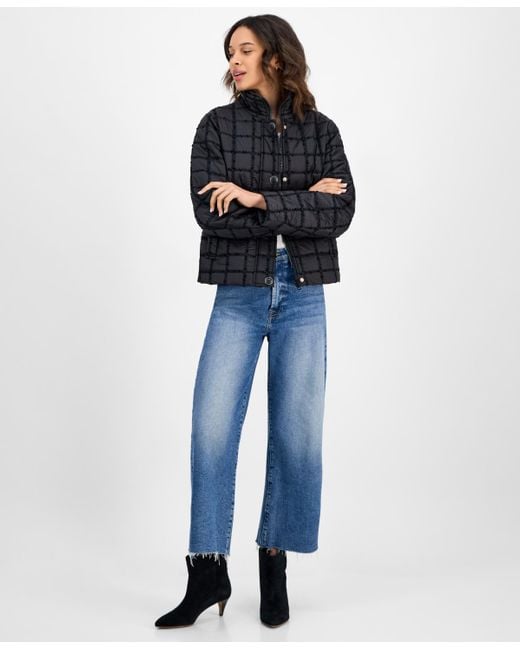 Cece Blue Short Boucle Windowpane Quilted Coat