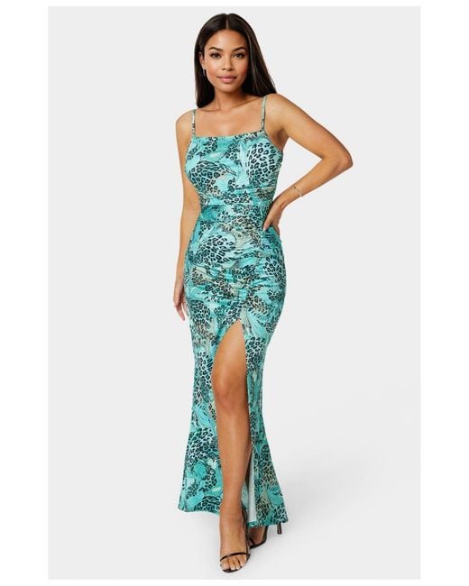 Bebe Blue Ruched High Slit Solid Dress