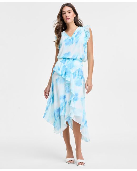 Jones New York Blue Ruffled Chiffon Bias-cut Midi Skirt