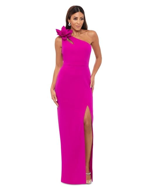 Xscape Pink One-shoulder Flower Side-slit Dress