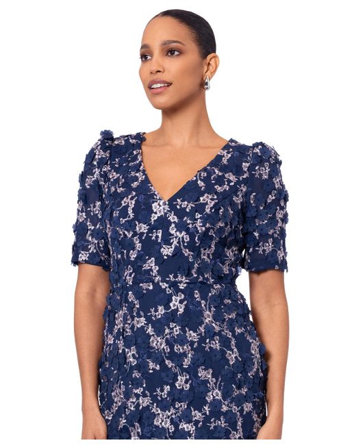 Xscape Blue V-neck Short-sleeve Lace Midi Dress