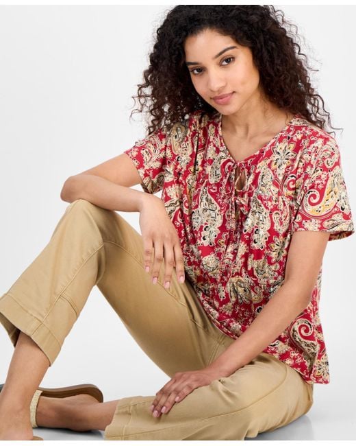 Nautica Red Paisley-print Tie-neck Top