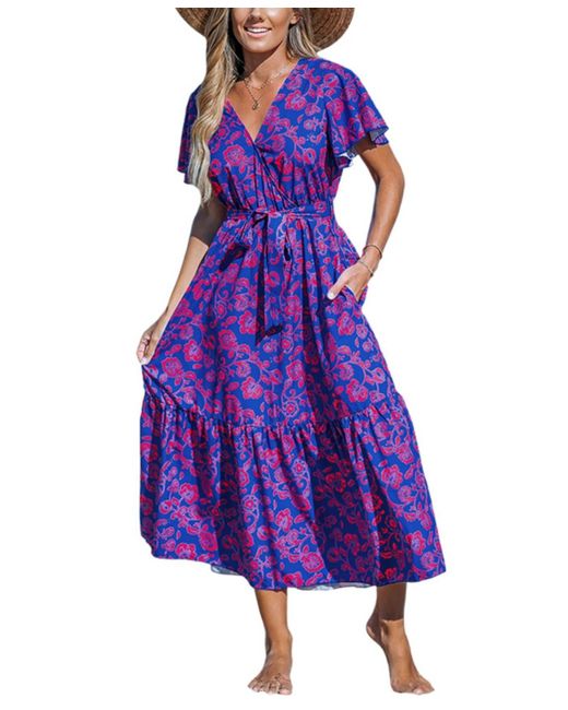 CUPSHE Purple Floral Print V-neck Lace Maxi Beach Dress