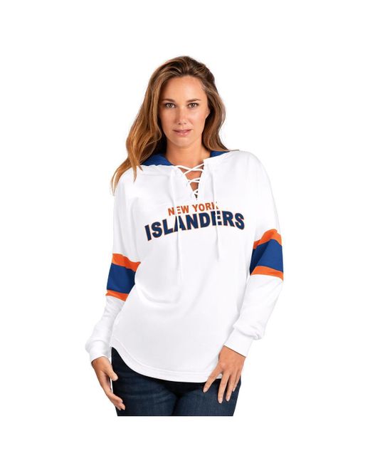 G-III 4Her by Carl Banks White New York Islanders Goal Zone Long Sleeve Lace-up Hoodie T-shirt