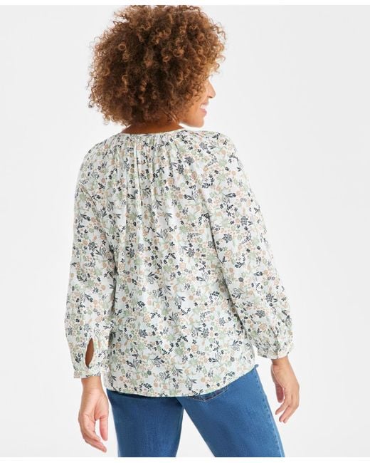 Style & Co. Blue Printed Split Neck Peasant Top