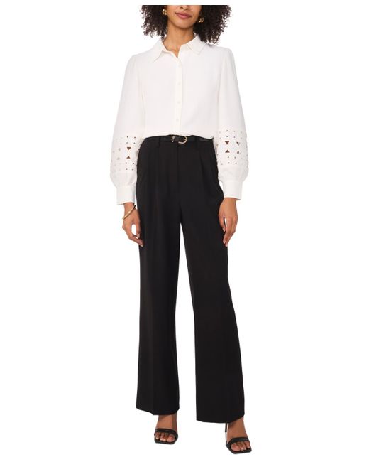 Vince Camuto White Embroidered-inset Blouson-sleeve Button-front Top