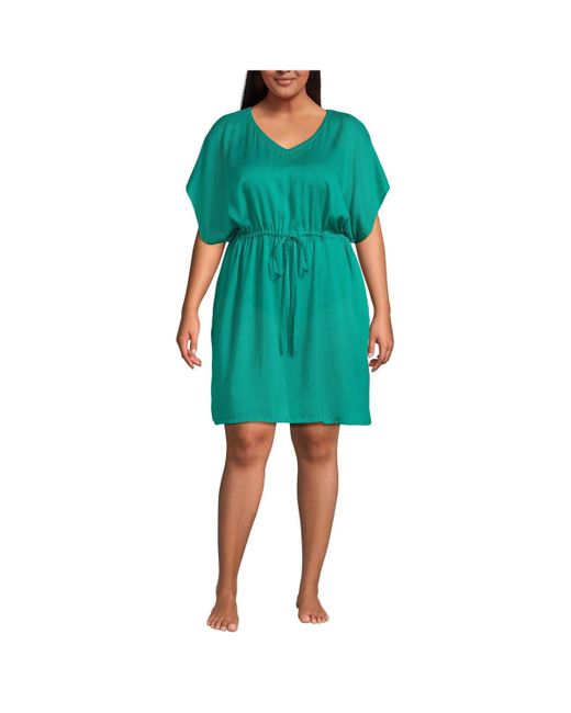 Lands' End Green Plus Size Sheer Over D Short Sleeve Gathered Waist Swim Cover-up Dress