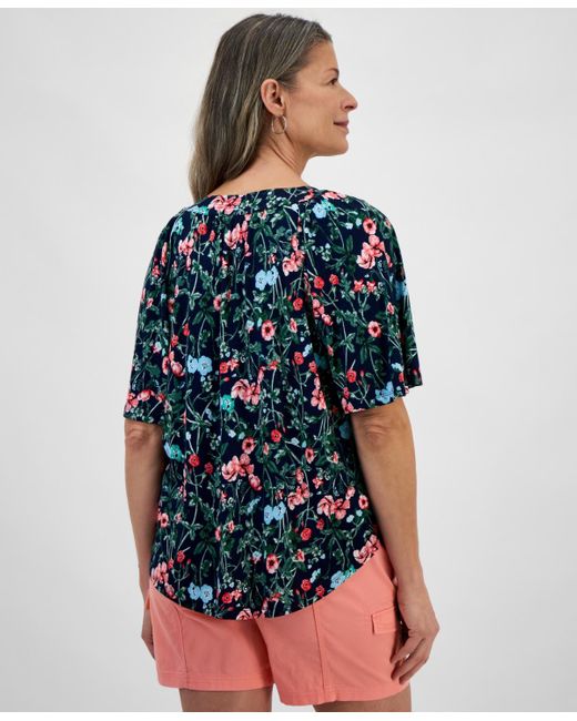 Style & Co. Blue Printed Flutter-sleeve Split-neck Top