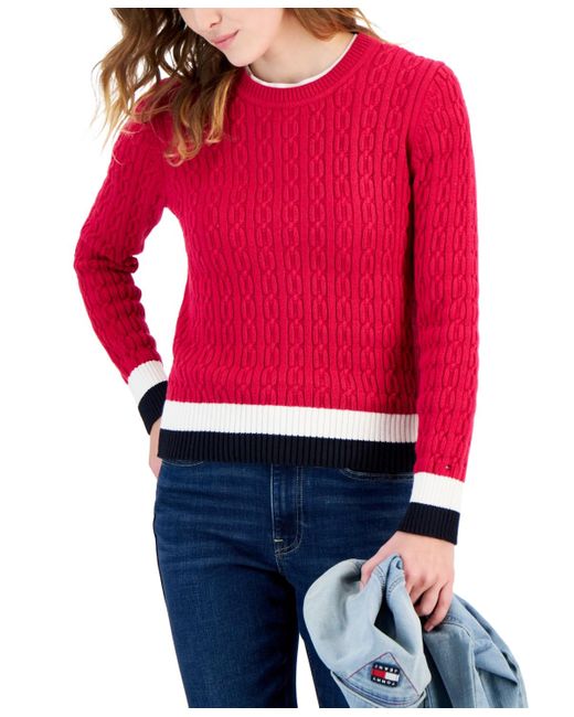 Tommy Hilfiger Red Cotton Cable-knit Colorblocked Leila Sweater