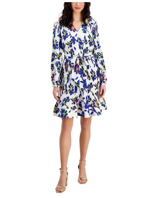 Taylor Blue Printed Madeline Crepe Tie-waist Pleated Dress