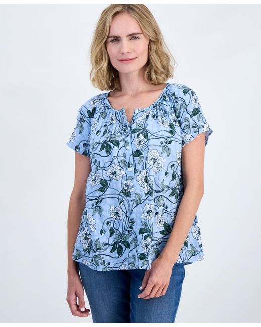 Style & Co. Blue Petite Printed Split Neck Top