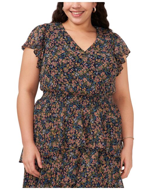 Msk Brown Plus Size Floral-print Flutter-sleeve Fit & Flare Dress