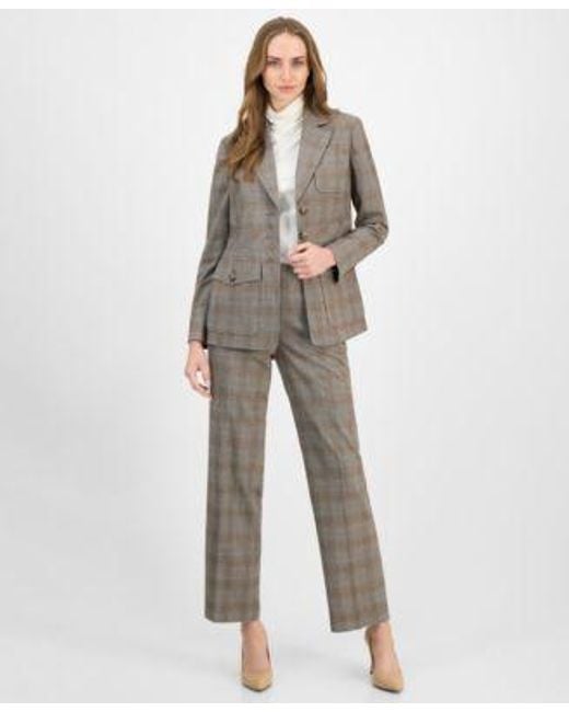 Anne Klein White Check Print Peak Lapel Three Pocket Jacket Long Sleeve Turtleneck Plaid Mid Rise Wide Leg Pants
