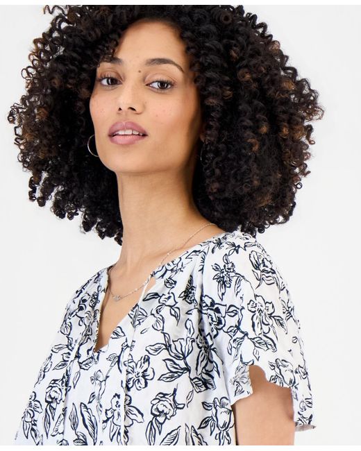 Style & Co. White Split-neck Flutter-sleeve Top