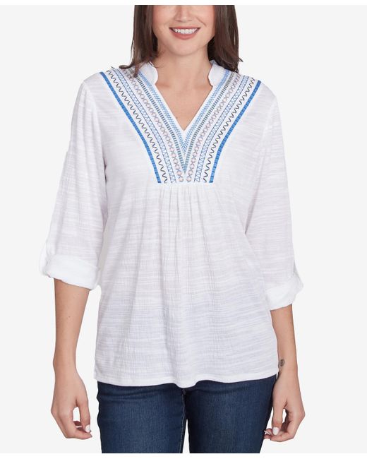 Ruby Rd White Petite Soft Relaxed Textured Trim V-neck Top