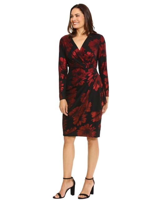 London Times Red Petite Foil-floral Cascade Sheath Dress