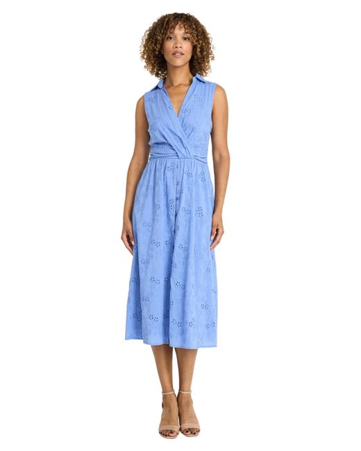Maggy London Blue Cotton Eyelet V-neck Shirtdress