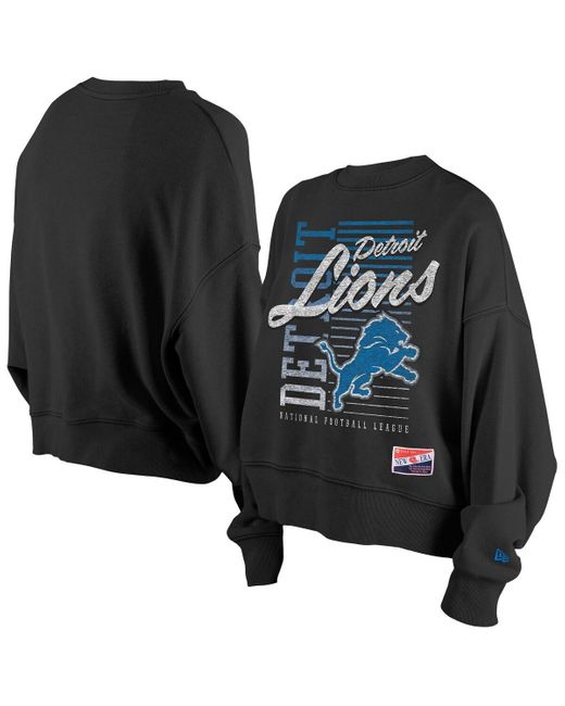 KTZ Black Detroit Lions Oversized Throwback Mineral Wash Crew Neck Sweatshirt