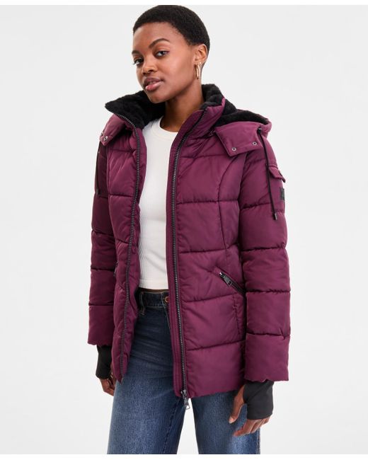 Steve Madden Purple Faux-fur-trim Hooded Puffer Coat