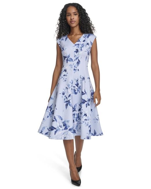calvin klein floral-print fit & flare dress Calvin Klein Women's Short-Sleeve Crew Neck Midi Dress