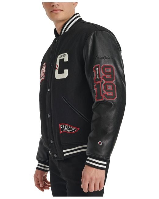Champion Black Logo-patch Mixed-media Varsity Jacket for men