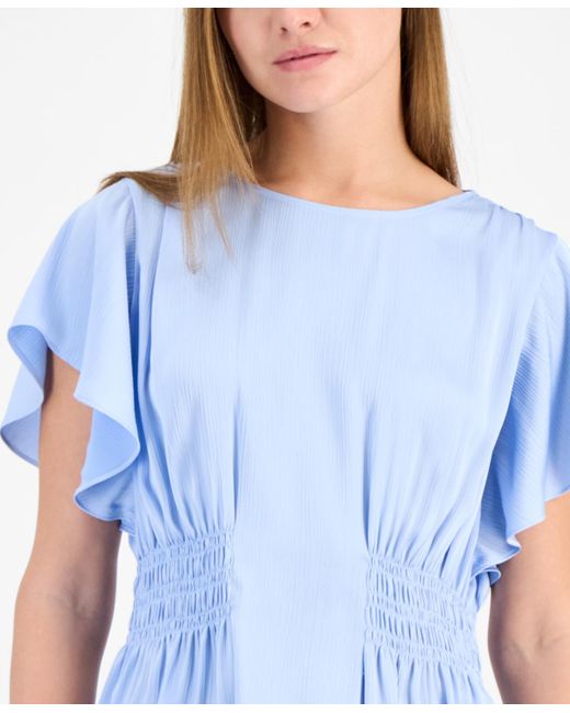 Anne Klein Blue Smocked-waist Flutter-sleeve Top