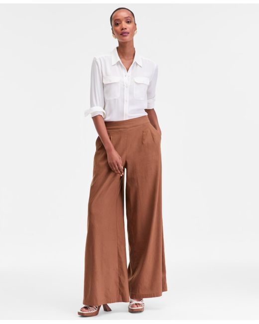 INC International Concepts White High-rise Pleated Pull-on Wide-leg Pants