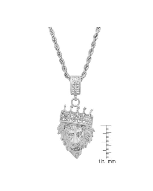 Steeltime White Stainless Steel Simulated Diamond Crowned Lion's Head 30" Pendant Necklace for men