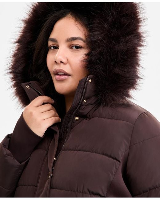Michael Kors Women's Brown Michael Plus Size Faux-fur-trim Hooded