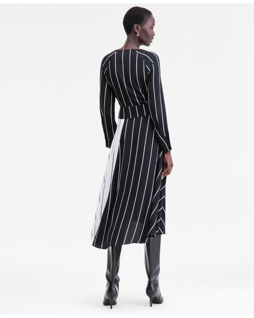 INC International Concepts White Multi-stripe Surplice-neck Midi Dress