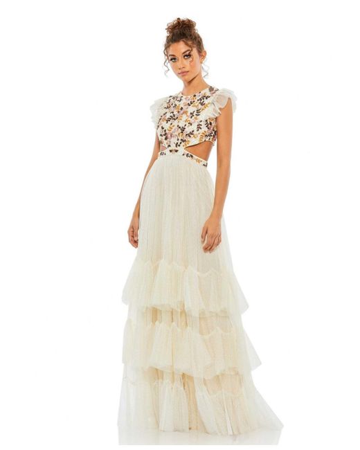 Mac Duggal Natural Embroidered Bodice Cap Sleeve Ruffle Tiered Gown
