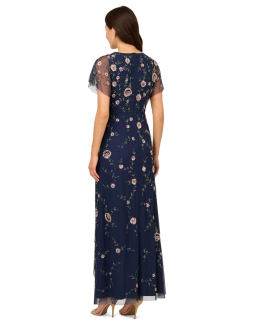 floral beaded mesh dress with balloon sleeve Adrianna Papell Bead Flutter-sleeve Midi in Blue Please refer to the 30-23BFCM2025 1 country song on Sash Options:Without Sash