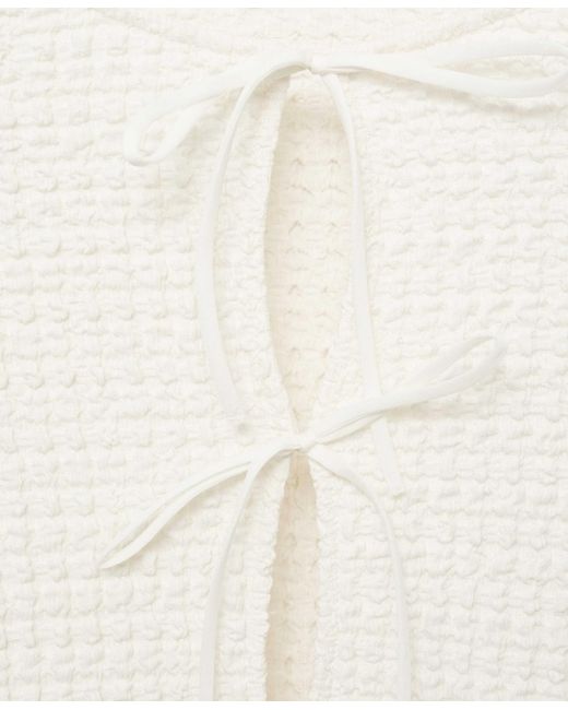 Mango White Bow Closure Textured Blouse