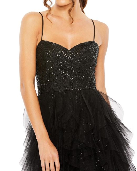 Mac Duggal Ieena Sequin Mini Dress With High Low Ruffle Tiered Train in  Black | Lyst