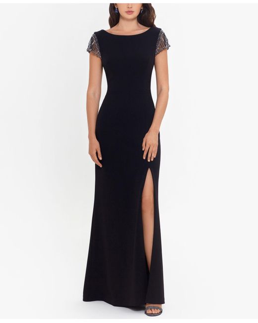 Xscape Black Embellished-sleeve Scuba-crepe A-line Dress