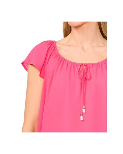 Cece Pink Round-neck Flutter-sleeve Blouse