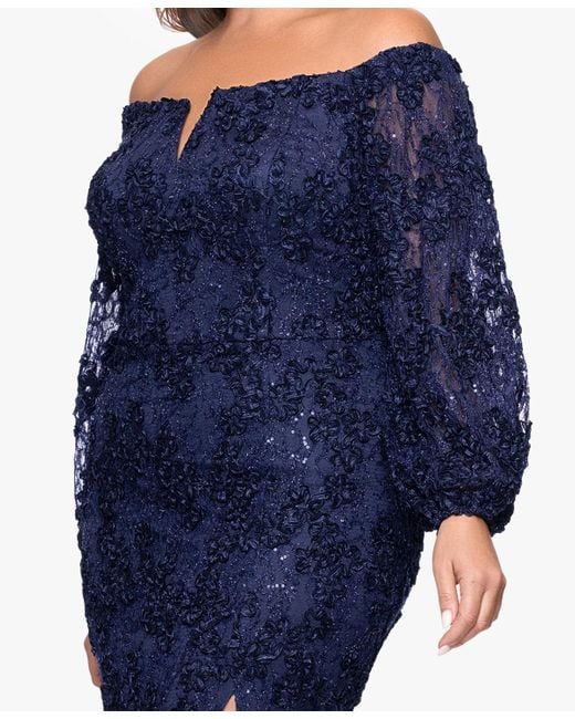 Xscape Blue Plus Size Off-the-shoulder Soutache Lace Dress
