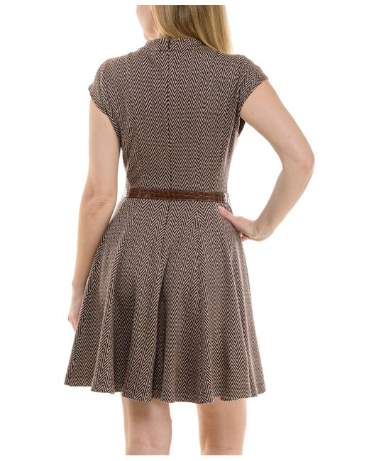 Taylor Natural Petite Jacquard Mock-neck Belted Fit & Flare Dress