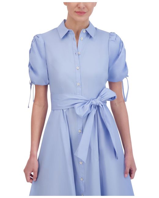 Eliza J Blue Cotton Tie-waist Bubble-sleeve Shirtdress