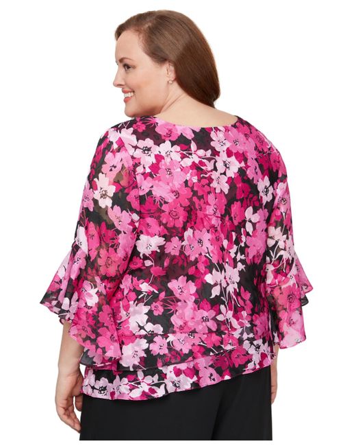 Alex Evenings Red Plus Size Printed Scoop-neck 3/4-sleeve Top