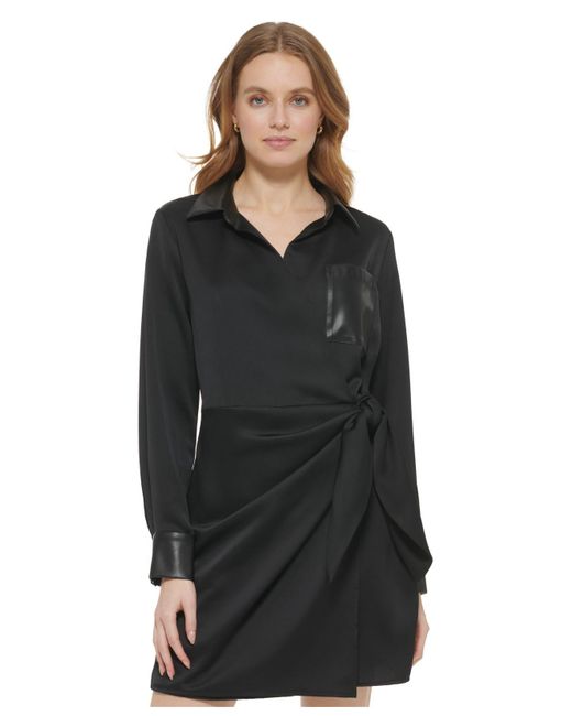 DKNY Faux-leather-trimmed Side-tie Dress in Black | Lyst
