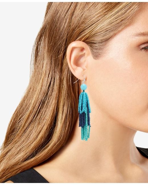 Style & Co. Blue Tonal Stone & Beaded Fringe Chandelier Earrings