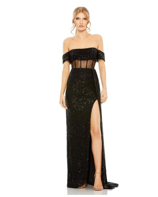 Mac Duggal Black Sequined Gown With Sheer Corset Waist And Slit