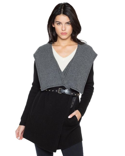 Jennie Liu Black 100% Pure Cashmere Long Sleeve 2-tone Double Face Cascade Open Cardigan Sweater