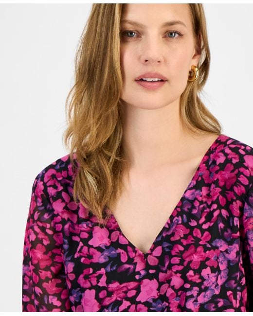 Kasper Purple Floral-print Tiered Fit & Flare Dress
